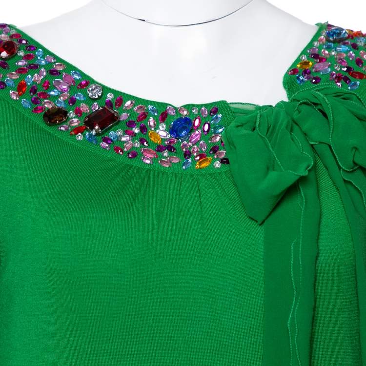 Pre Owned Dior Green Cashmere & Silk Knit Embellished Neck Top M