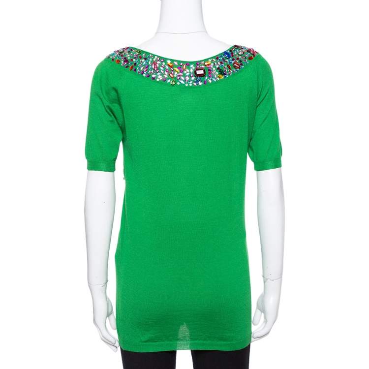 Pre Owned Dior Green Cashmere & Silk Knit Embellished Neck Top M