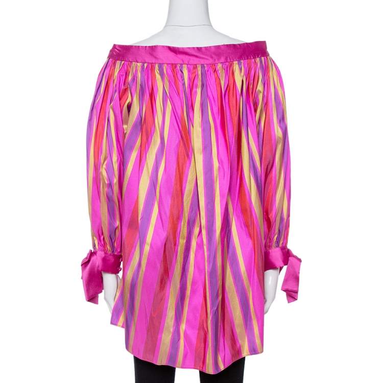 Pre Owned Dior Multicolor Striped Raw Silk Gathered Blouse M