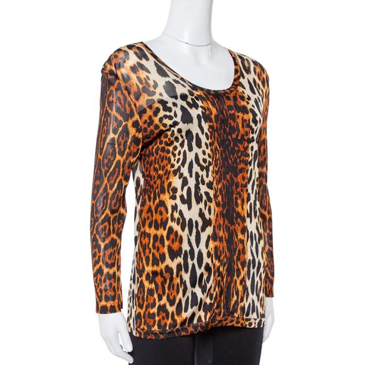 Pre Owned Dior Brown Leopard Print Knit Pleat Front Top L 