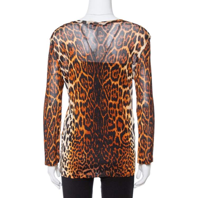 Pre Owned Dior Brown Leopard Print Knit Pleat Front Top L 