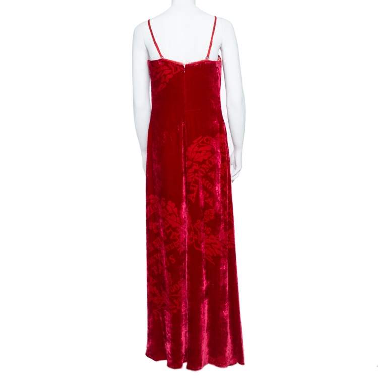 Pre Owned Christian Dior Boutique Red Devoré Velvet Chiffon Draped Gown XL