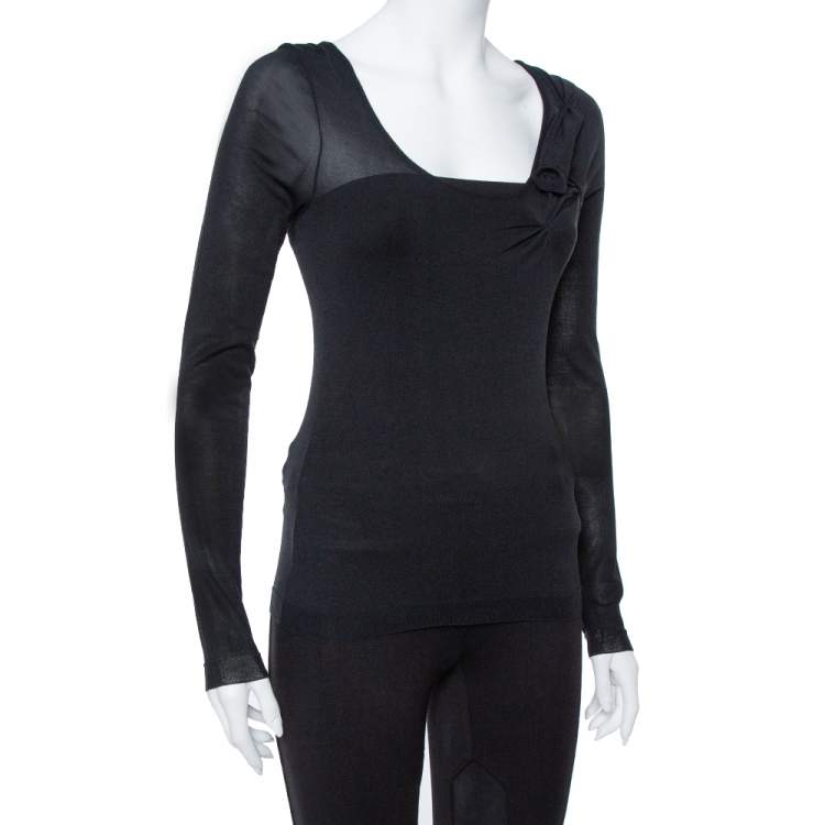 Pre Owned Dior Black Cotton & Silk Floral Detail Long Sleeve Top S