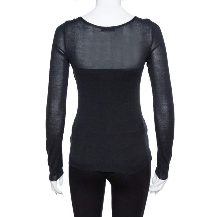 Pre Owned Dior Black Cotton & Silk Floral Detail Long Sleeve Top S