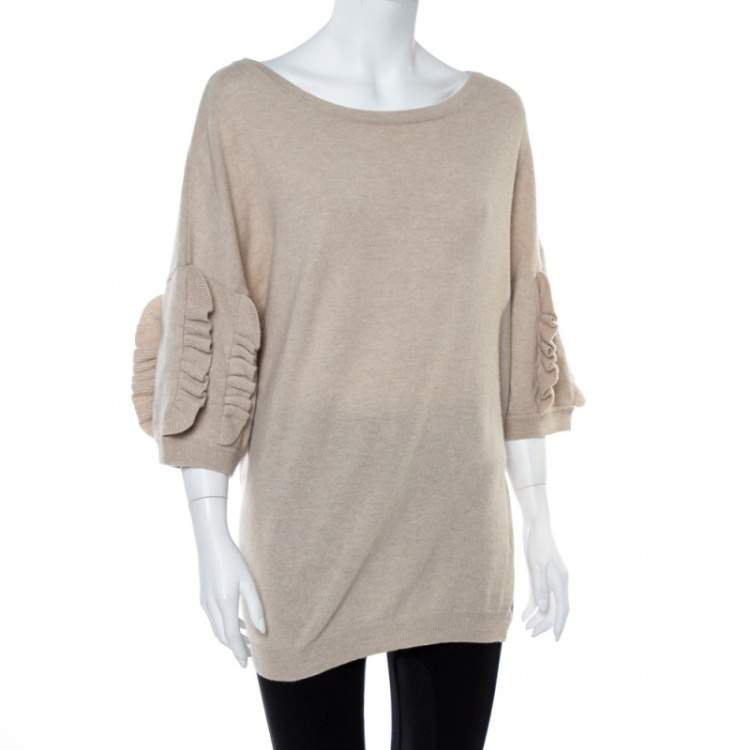 Pre Owned Dior Beige Wool & Cashmere Ruffle Sleeve Sweater M