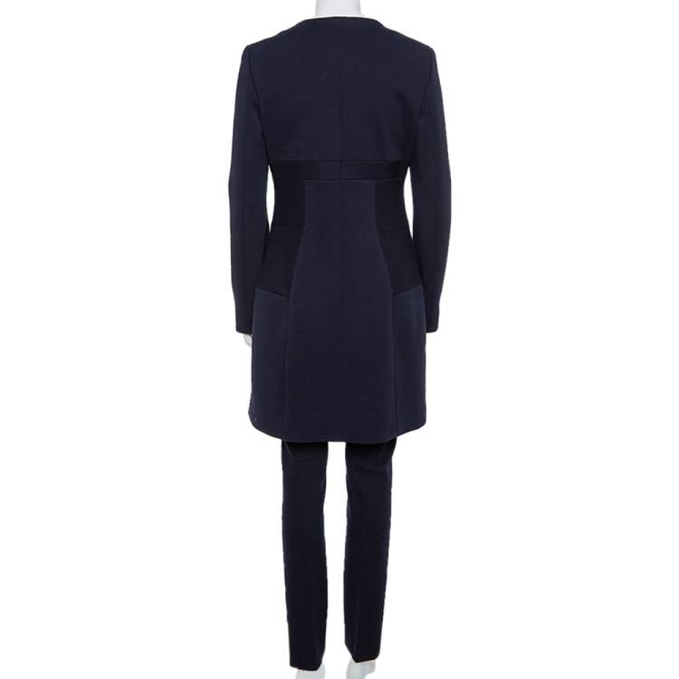 Pre Owned Christian Dior Navy Blue Wool Paneled Coat & Tapered leg Trousers Set M