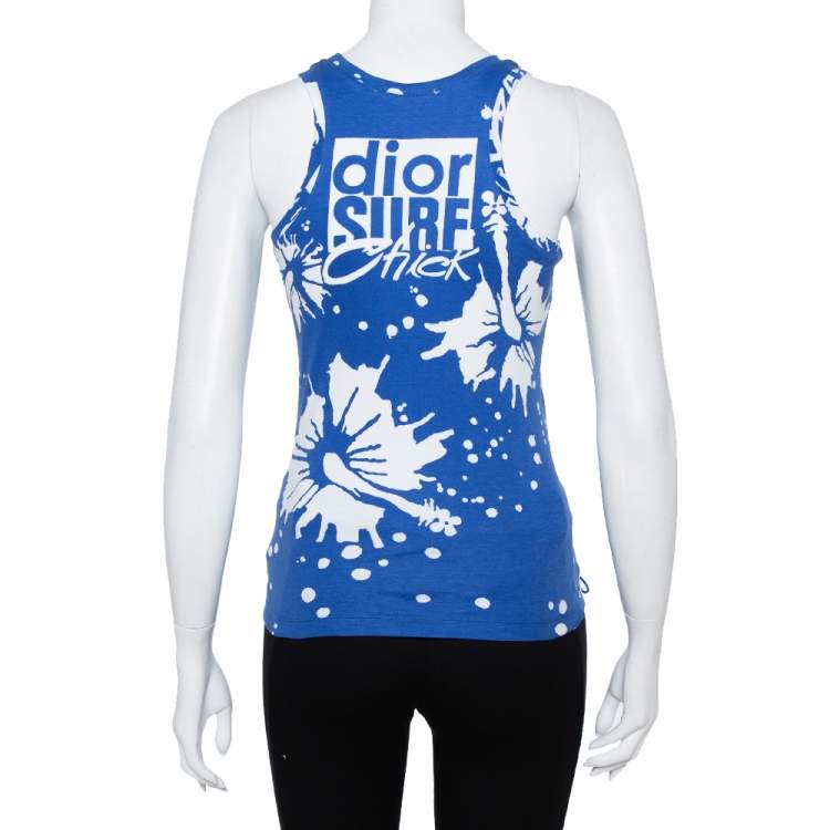Pre Owned Christian Dior Blue Surf Chick Printed Cotton Racer Back Detail Top S