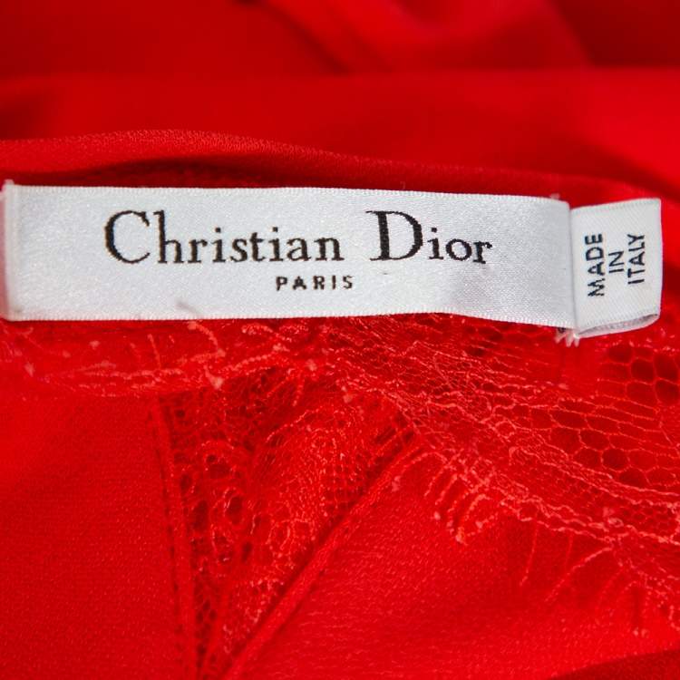 مملوكة مسبقًا Christian Dior Red Knit  Lace Trim Draped Detail Midi Dress L