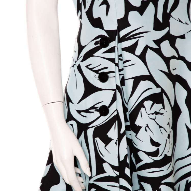 Pre Owned Christian Dior Blue & Black Printed Cotton Pleated Mini Dress L