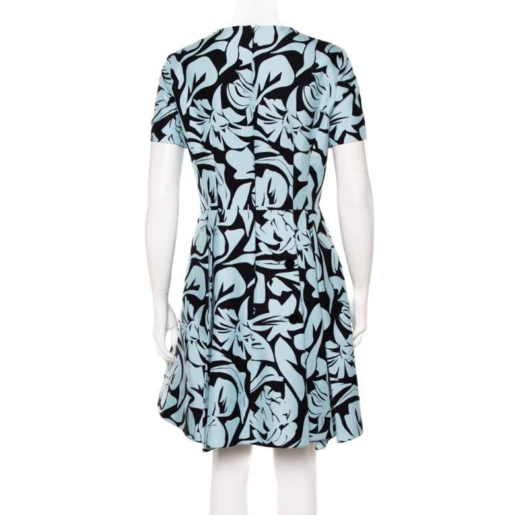 Pre Owned Christian Dior Blue & Black Printed Cotton Pleated Mini Dress L