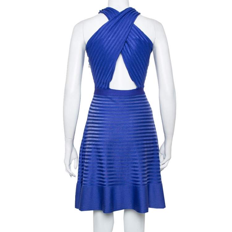 Pre Owned Christian Dior Blue Silk Knit Cross Back Detail Sleeveless Dress L
