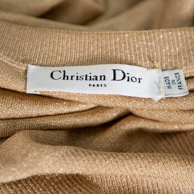 Pre Owned Christian Dior Gold Lurex Knit Bead Embellished Button Front Cardigan L