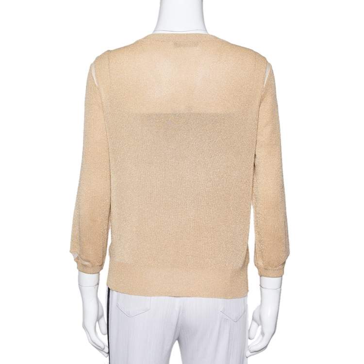 Pre Owned Christian Dior Gold Lurex Knit Bead Embellished Button Front Cardigan L
