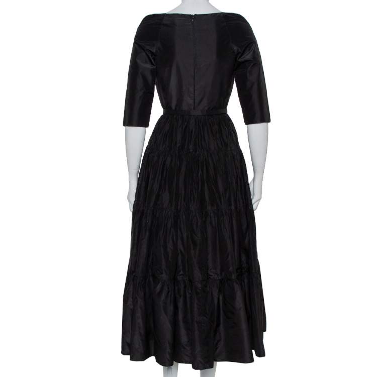 Pre Owned Christian Dior Black Silk Belted Tiered Maxi Dress L