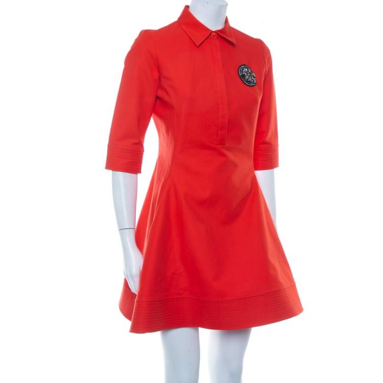 Pre Owned Christian Dior Orange Cotton Embellished Detail Collared Mini Dress M