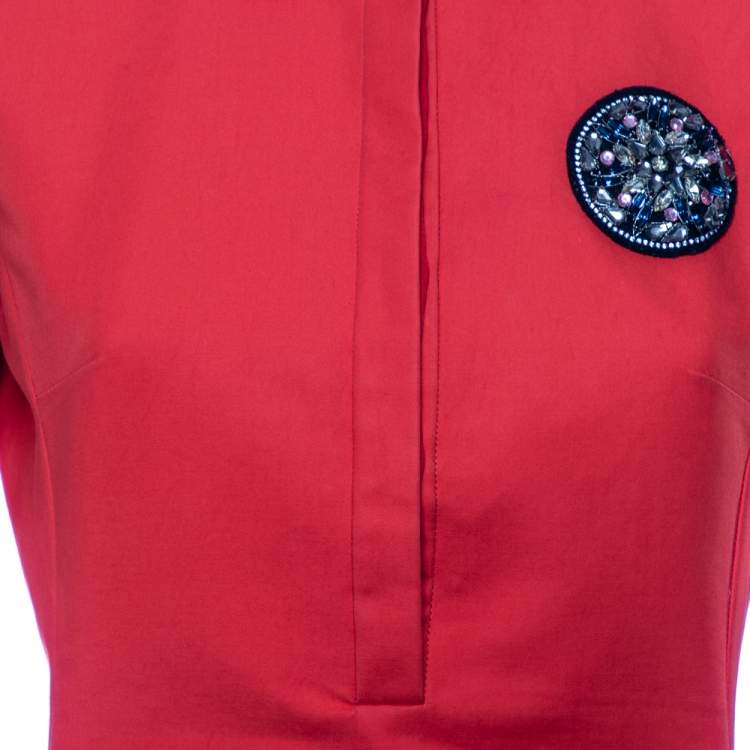 Pre Owned Christian Dior Orange Cotton Embellished Detail Collared Mini Dress M