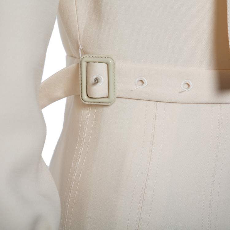 Pre Owned Christian Dior Cream Wool & Silk Collar Detail Pleated Belted Mini Dress S