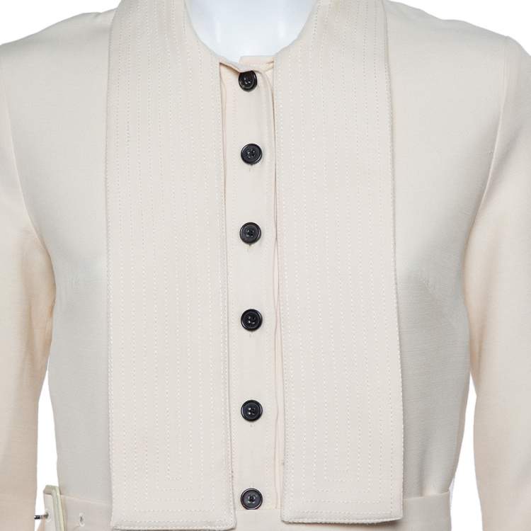 Pre Owned Christian Dior Cream Wool & Silk Collar Detail Pleated Belted Mini Dress S