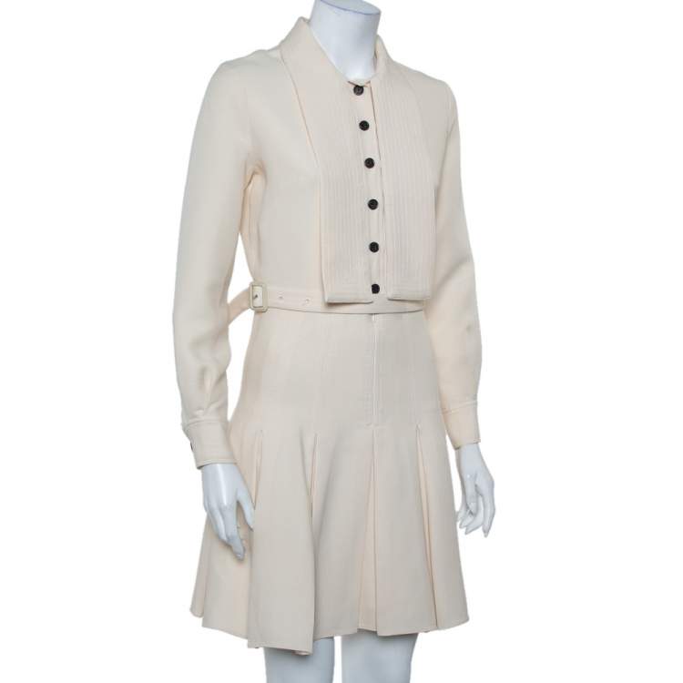 Pre Owned Christian Dior Cream Wool & Silk Collar Detail Pleated Belted Mini Dress S