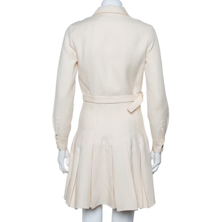 Pre Owned Christian Dior Cream Wool & Silk Collar Detail Pleated Belted Mini Dress S