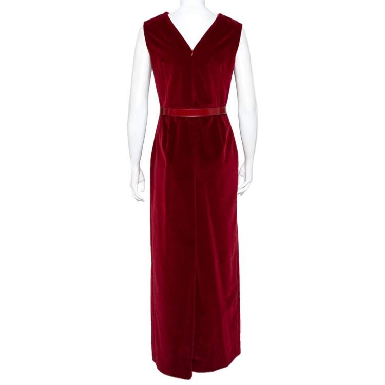 مملوكة مسبقًا Christian Dior Burgundy Velvet Slit Detail Belted Maxi Dress M