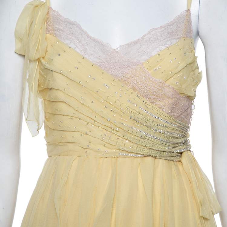 Pre Owned Christian Dior Yellow Embellished Silk Lace Detail Mini Dress S