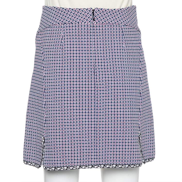 مملوكة مسبقًا Christian Dior Navy Blue Patterned Knit Contrast Trim Detail Mini Skirt S