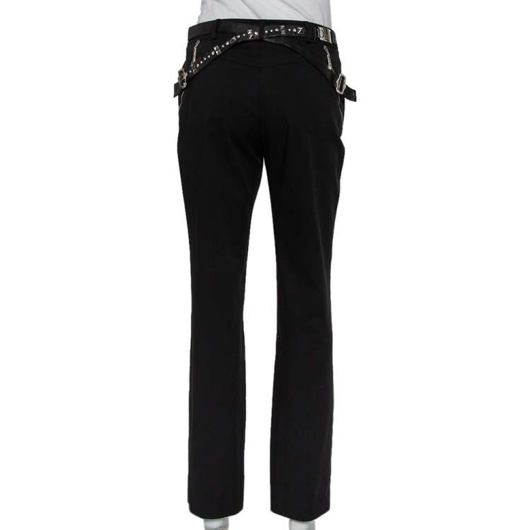 Pre Owned Christian Dior Black Wool Rockstud Leather Belt Detail Straight Leg Pants M