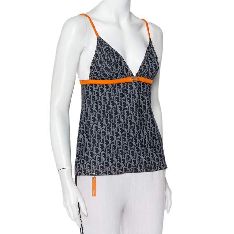Pre Owned Christian Dior Vintage Navy Blue Logo Monogram Jersey Contrast Trim Camisole M