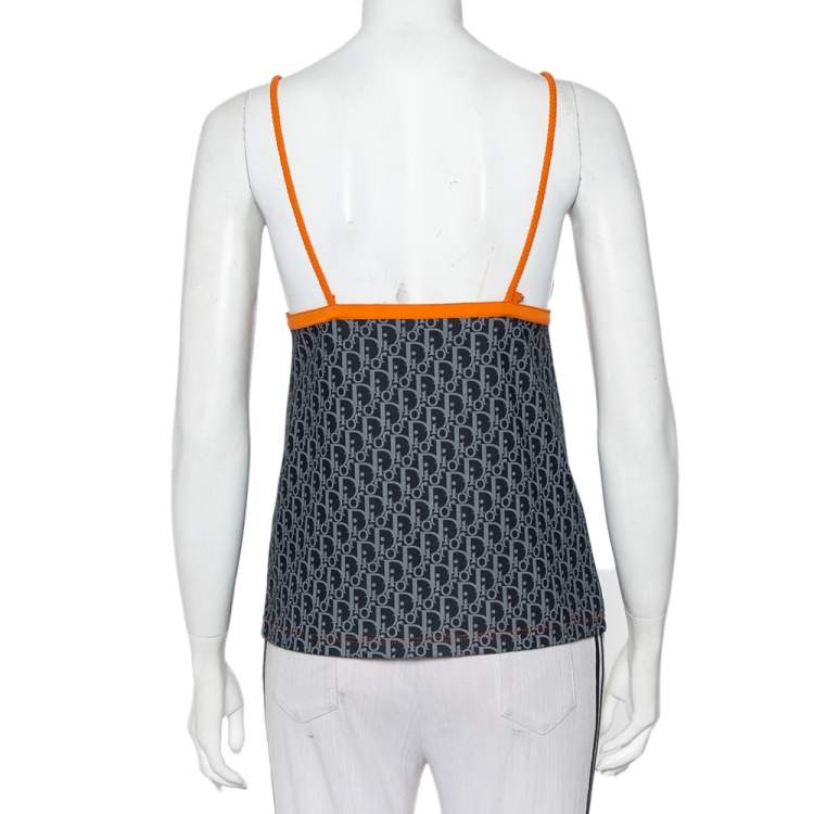Pre Owned Christian Dior Vintage Navy Blue Logo Monogram Jersey Contrast Trim Camisole M