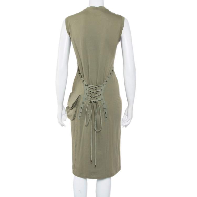 Pre Owned Christian Dior Green Cotton Knit Lace Up Detail Sleeveless Midi Dress L
