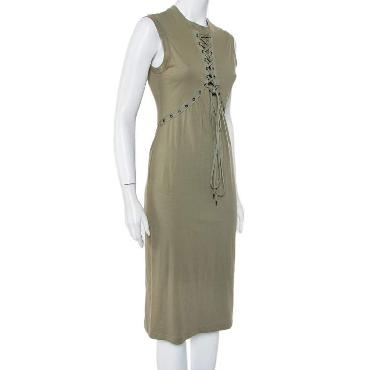 Pre Owned Christian Dior Green Cotton Knit Lace Up Detail Sleeveless Midi Dress L