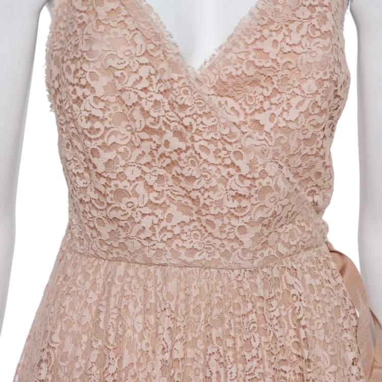 Pre Owned Christian Dior Light Pink Lace Sleeveless Midi Wrap Dress S