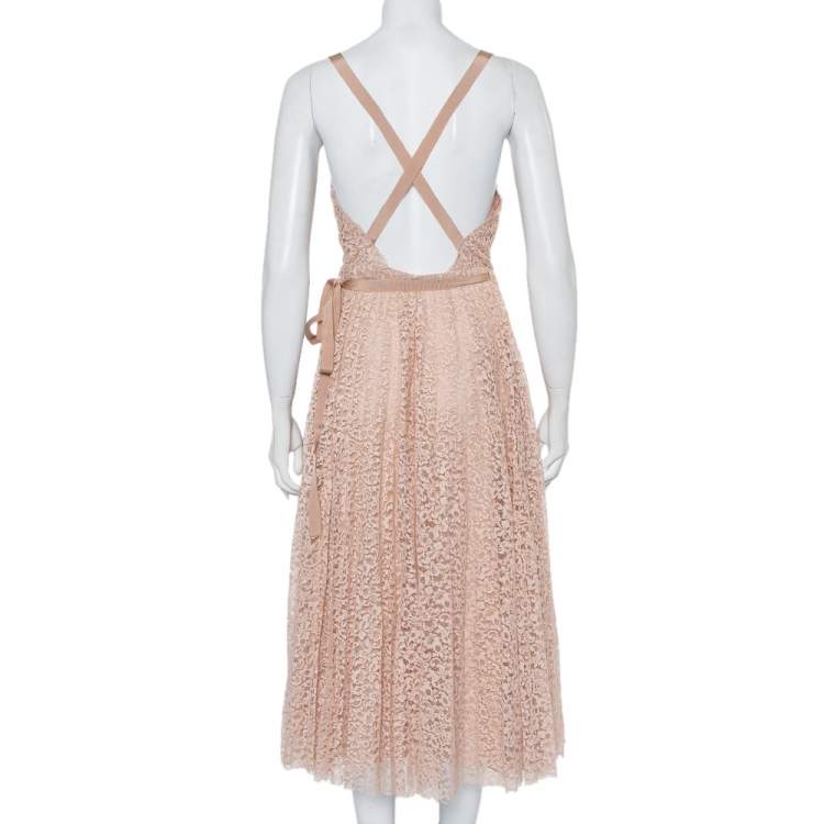 Pre Owned Christian Dior Light Pink Lace Sleeveless Midi Wrap Dress S