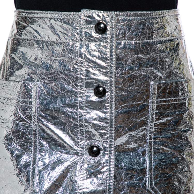 Pre Owned Christian Dior Metallic Silver Lambskin Button Front Mini Skirt S