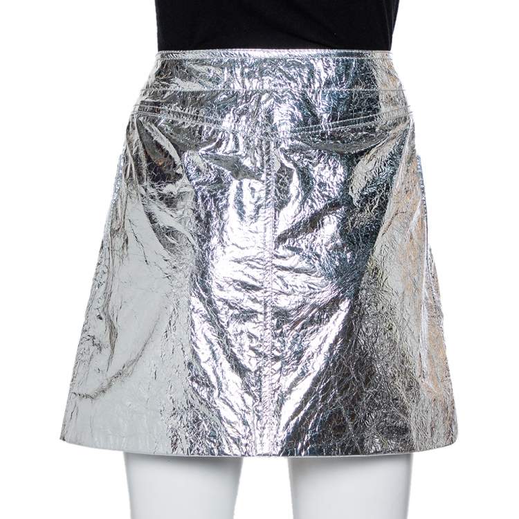 Pre Owned Christian Dior Metallic Silver Lambskin Button Front Mini Skirt S