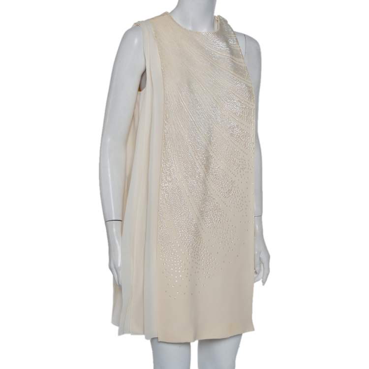 Pre Owned Christian Dior Cream Wool & Silk Sequin Embellished Cape Detail Shift Dress M