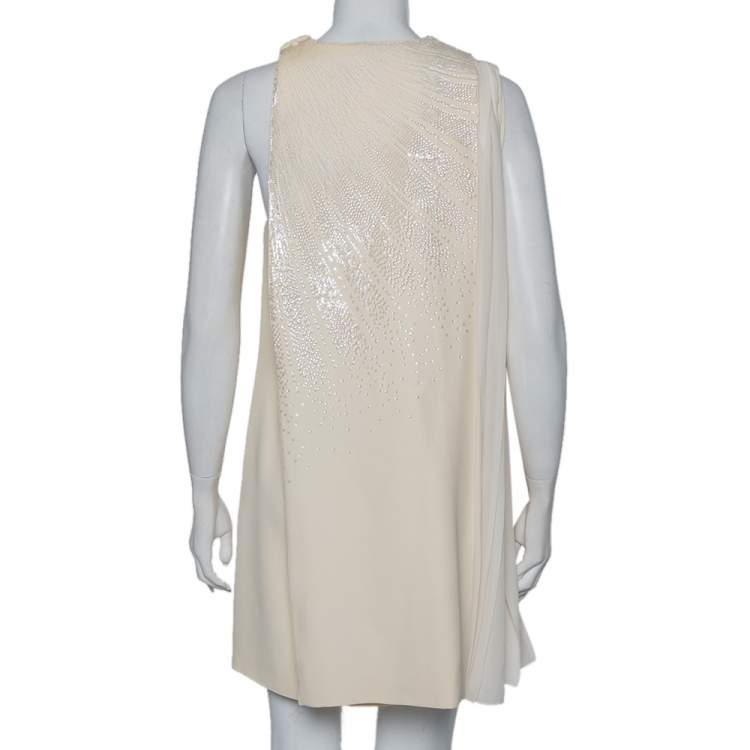 Pre Owned Christian Dior Cream Wool & Silk Sequin Embellished Cape Detail Shift Dress M