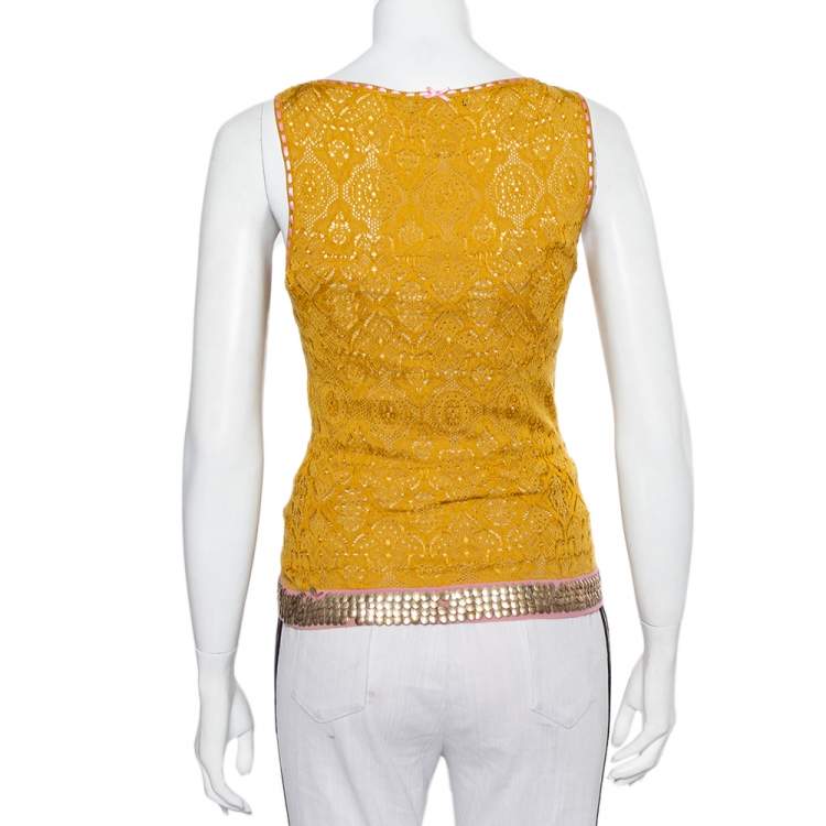 Pre Owned Christian Dior Mustard Yellow Knit Contrast Trim Sequin Detail Tank Top M