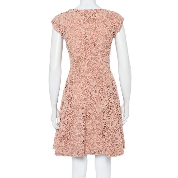 Pre Owned Christian Dior Light Pink Lace Flared Dress S
