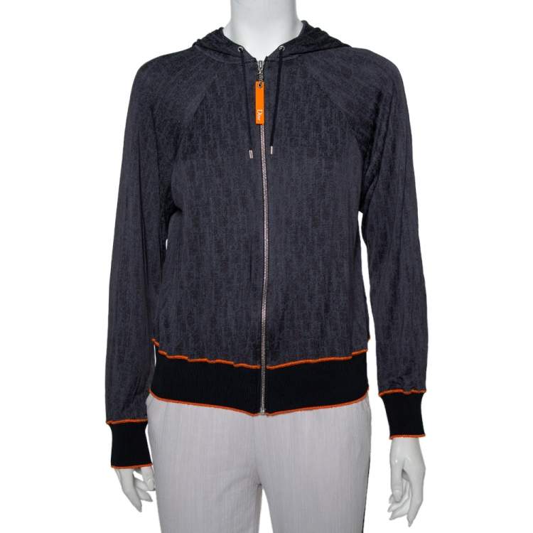 Pre Owned Christian Dior Navy Blue Oblique Patterned Jersey Zip Front Hooded Jacket M