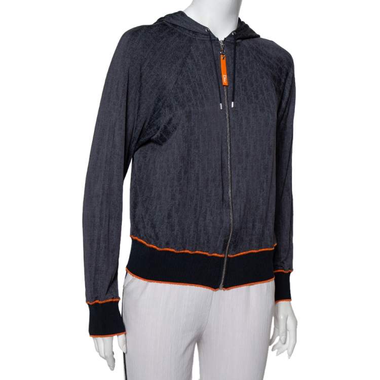 Pre Owned Christian Dior Navy Blue Oblique Patterned Jersey Zip Front Hooded Jacket M