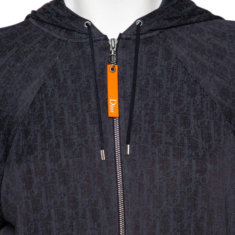 Pre Owned Christian Dior Navy Blue Oblique Patterned Jersey Zip Front Hooded Jacket M