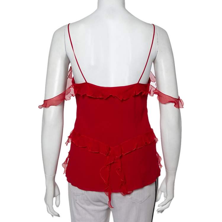 Pre Owned Christian Dior Vintage Red Silk Ruffle Detail Camisole L