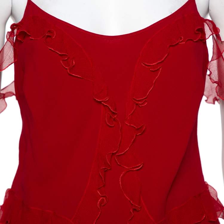 Pre Owned Christian Dior Vintage Red Silk Ruffle Detail Camisole L
