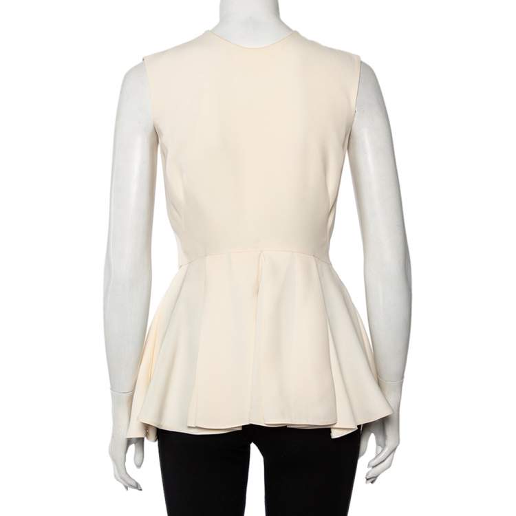 Pre Owned Christian Dior Cream Paradise Dior Printed Silk Sleeveless Peplum Top M
