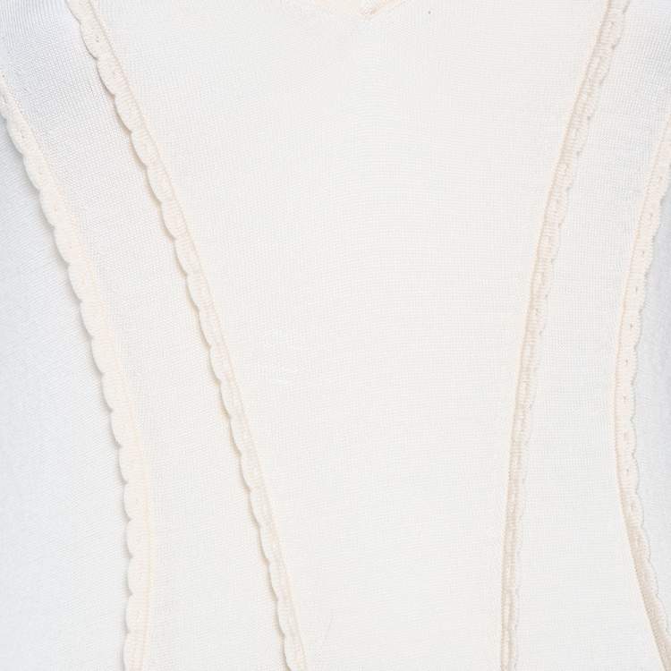 Pre Owned Christian Dior Cream Cashmere Scallop Detail Sweater Top M