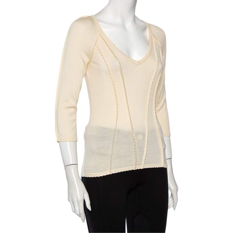 Pre Owned Christian Dior Cream Cashmere Scallop Detail Sweater Top M