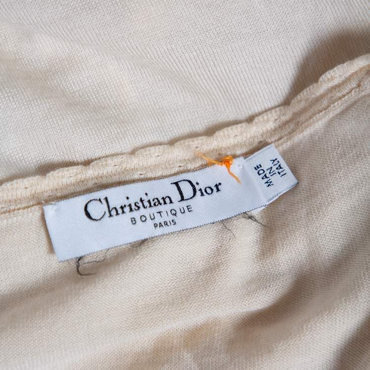 Pre Owned Christian Dior Cream Cashmere Scallop Detail Sweater Top M