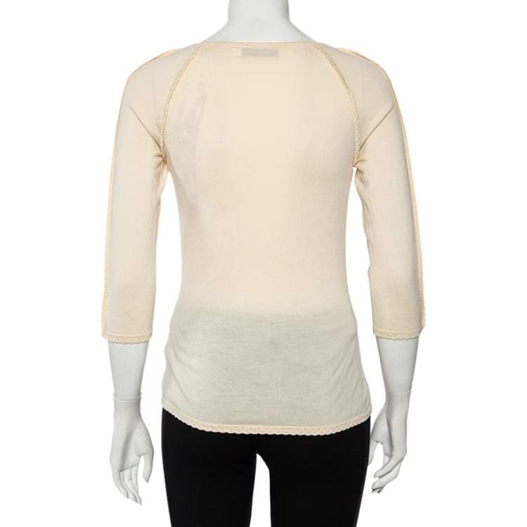 Pre Owned Christian Dior Cream Cashmere Scallop Detail Sweater Top M